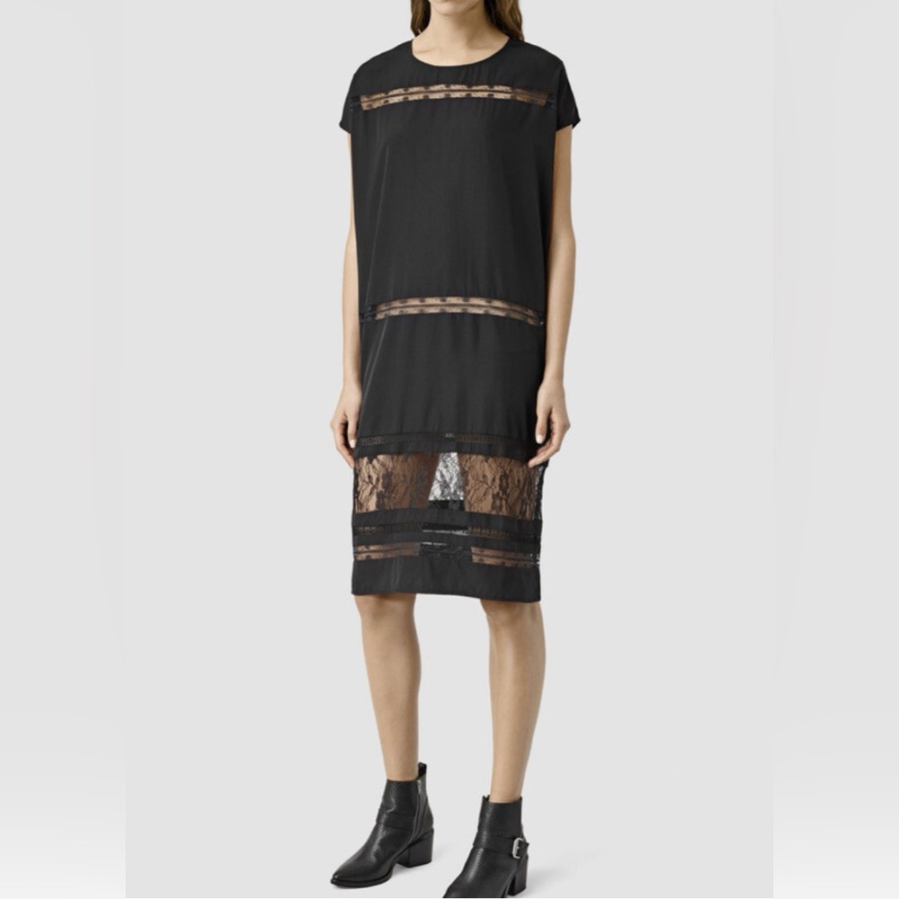 AllSaints Black Lace-Trim Midi Dress